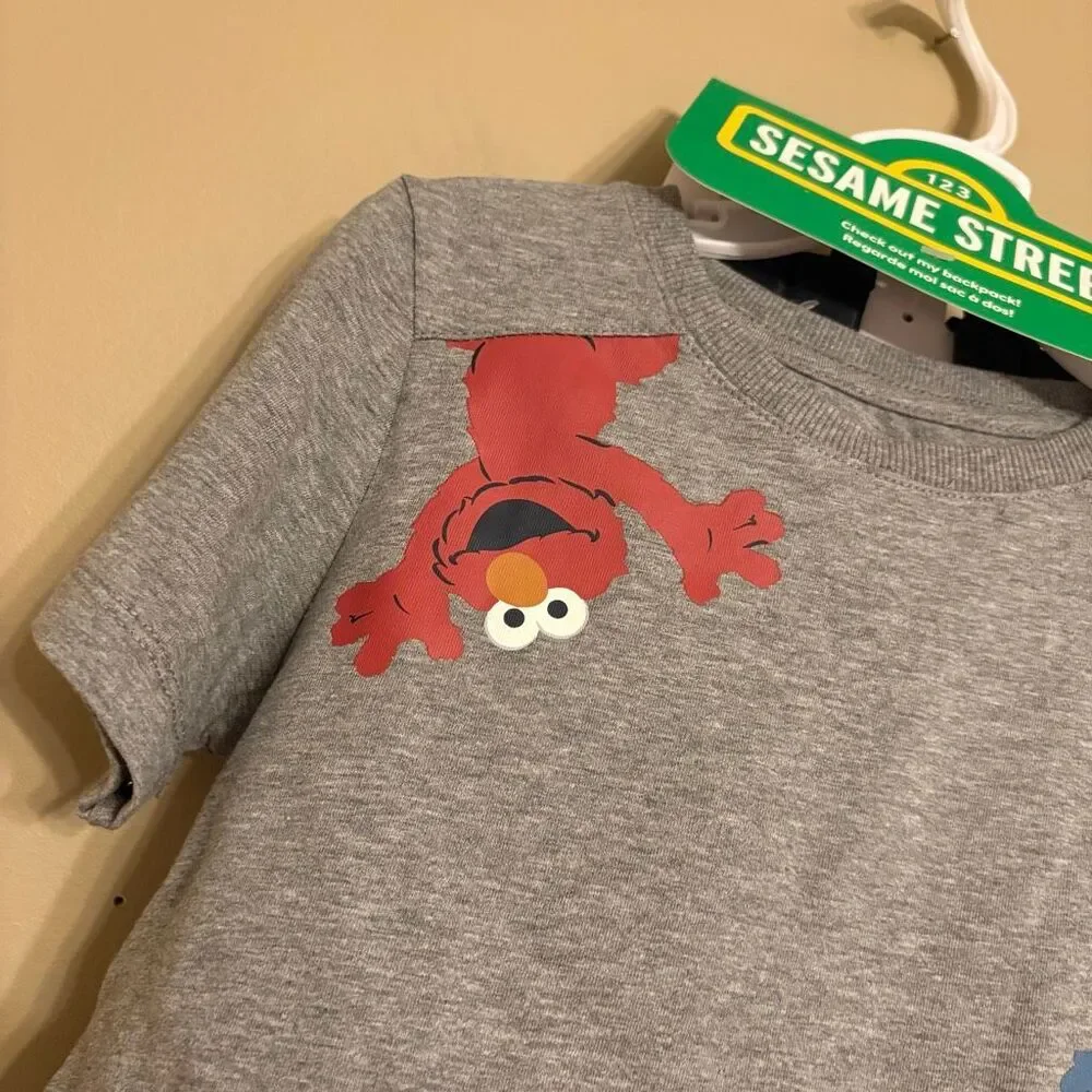 Sesame Street 3 Piece Set Elmo and Cookie Monster Shirt Shorts Elmo Backpack 4T